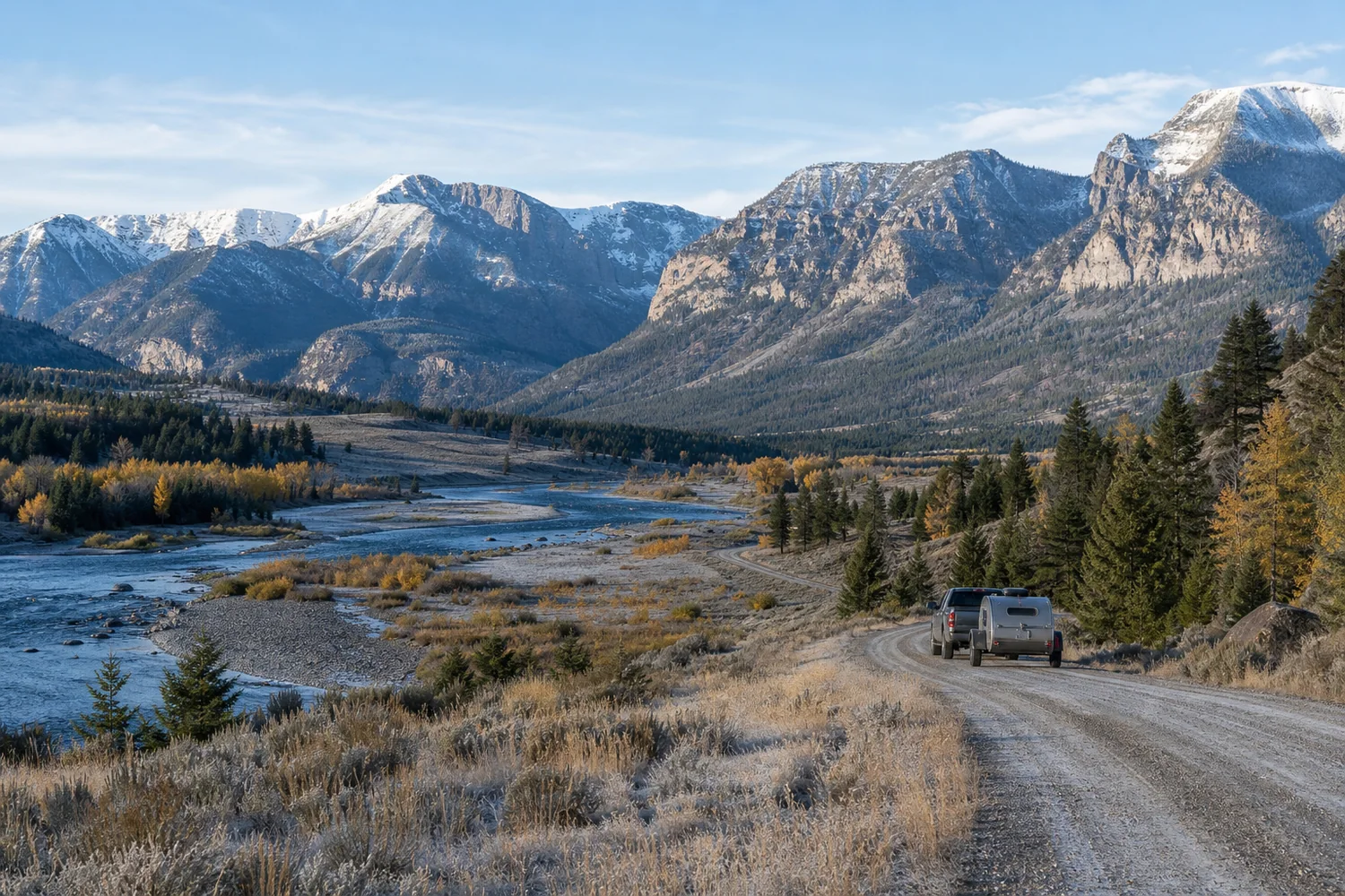 A truck and trailer on a cold gravel road beside a wide mountain river